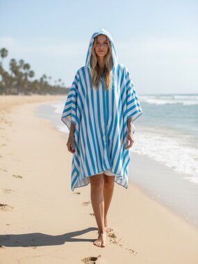 NWOT Banana Boat Terry Ruana with Hood - French Stripes, Turquoise/Aqua